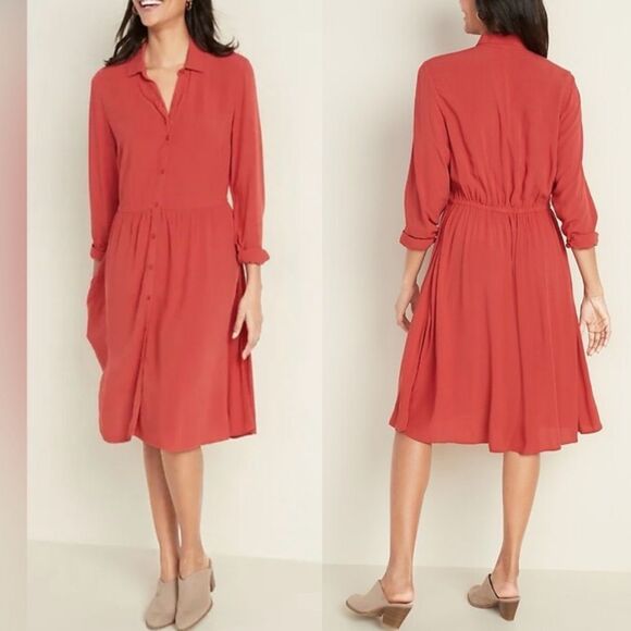 Old Navy Button Front Midi Shirt Dress Size L Crepe Seamed Waist Long Sleeves - Picture 1 of 15